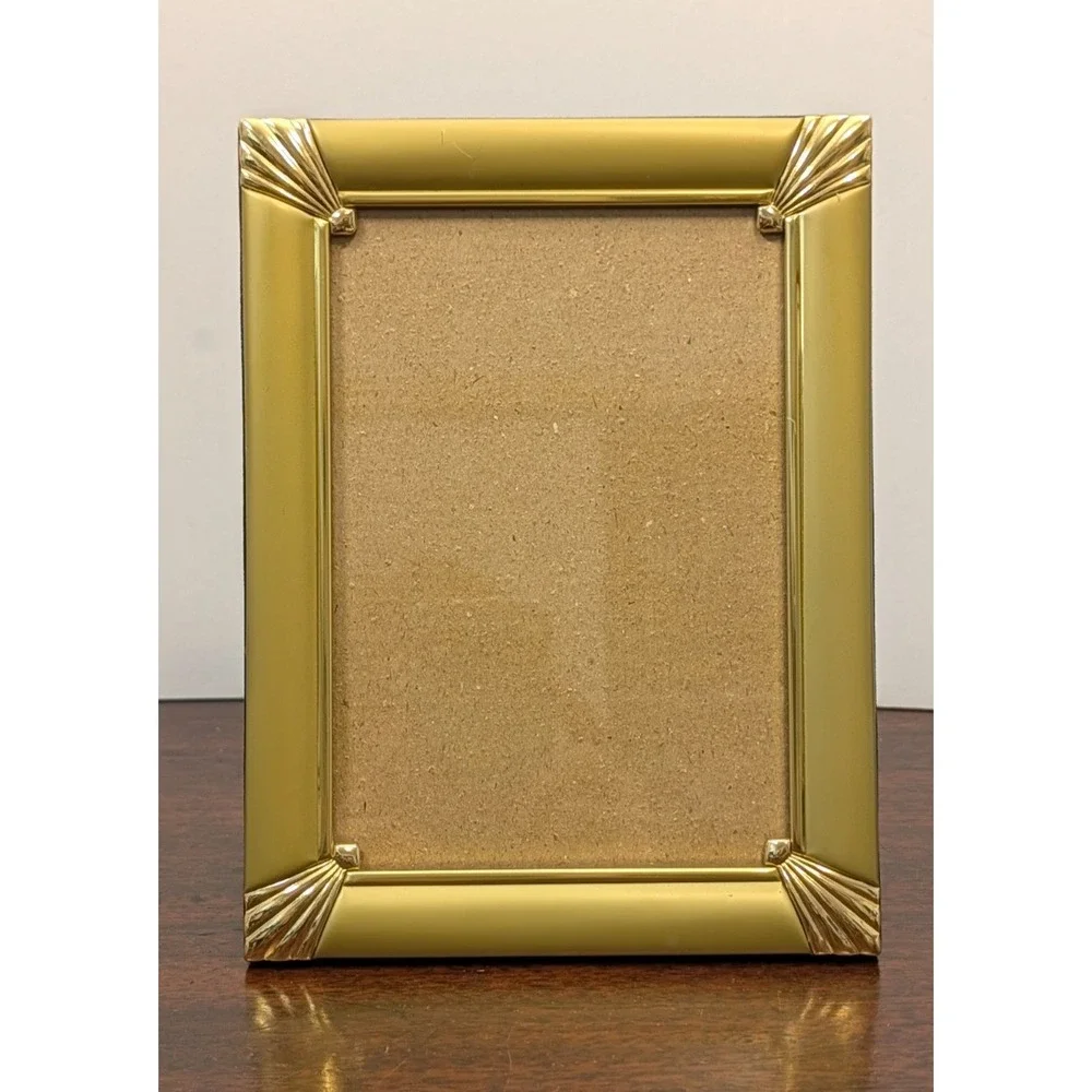 Vintage Gold Tone Metal Picture Frame Art Deco Fan Corner Easel Back 5x7